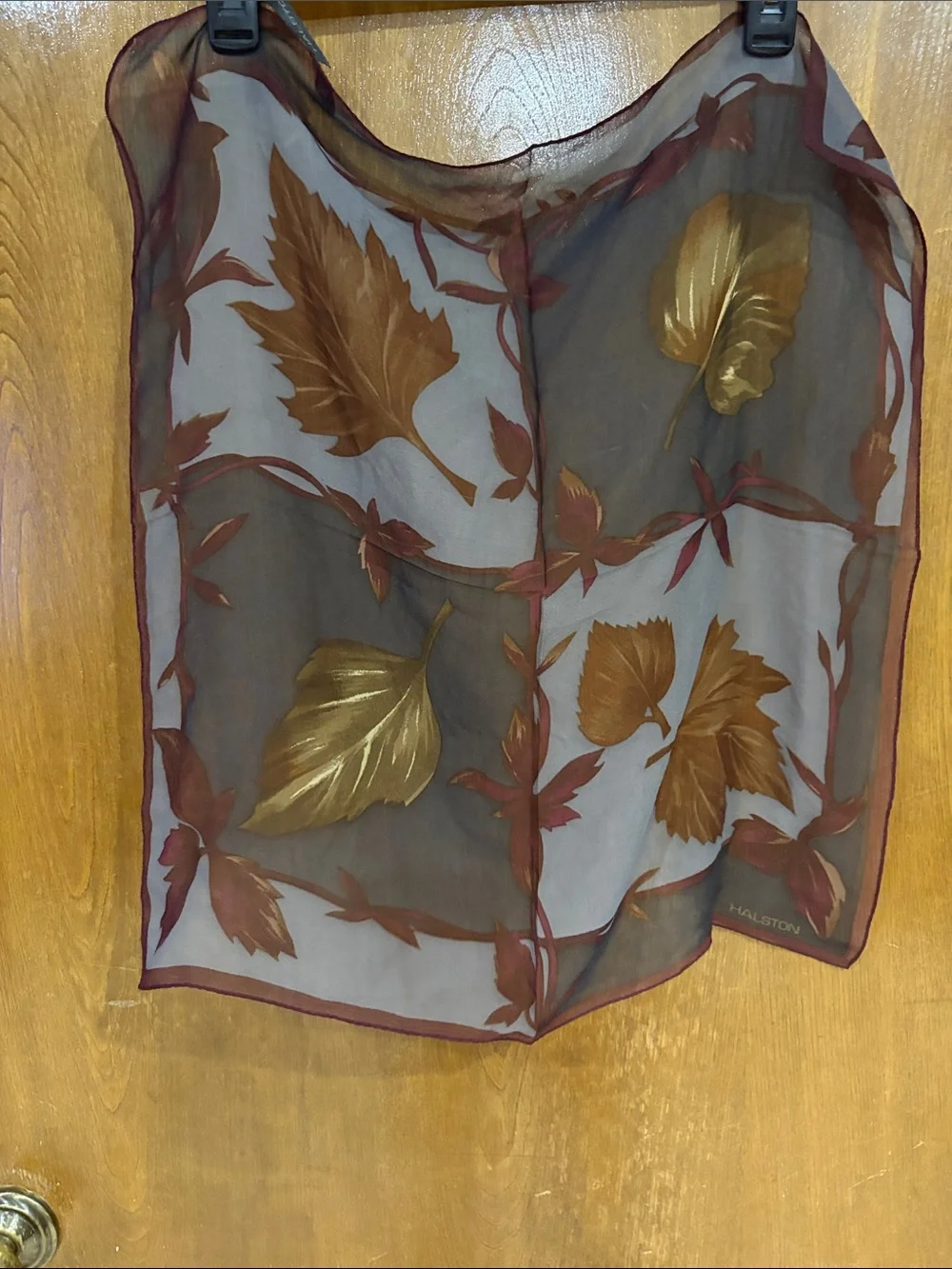 VINTAGE Halston lifestyle 100% SILK Leaf Print Scarf in Brown and Gold